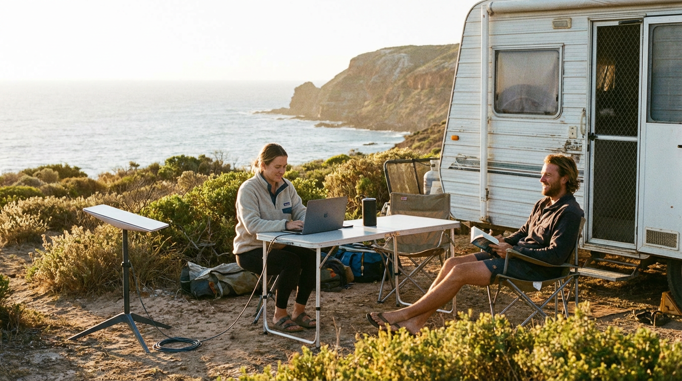 starlink satellite dish set up at caravan campsite australia