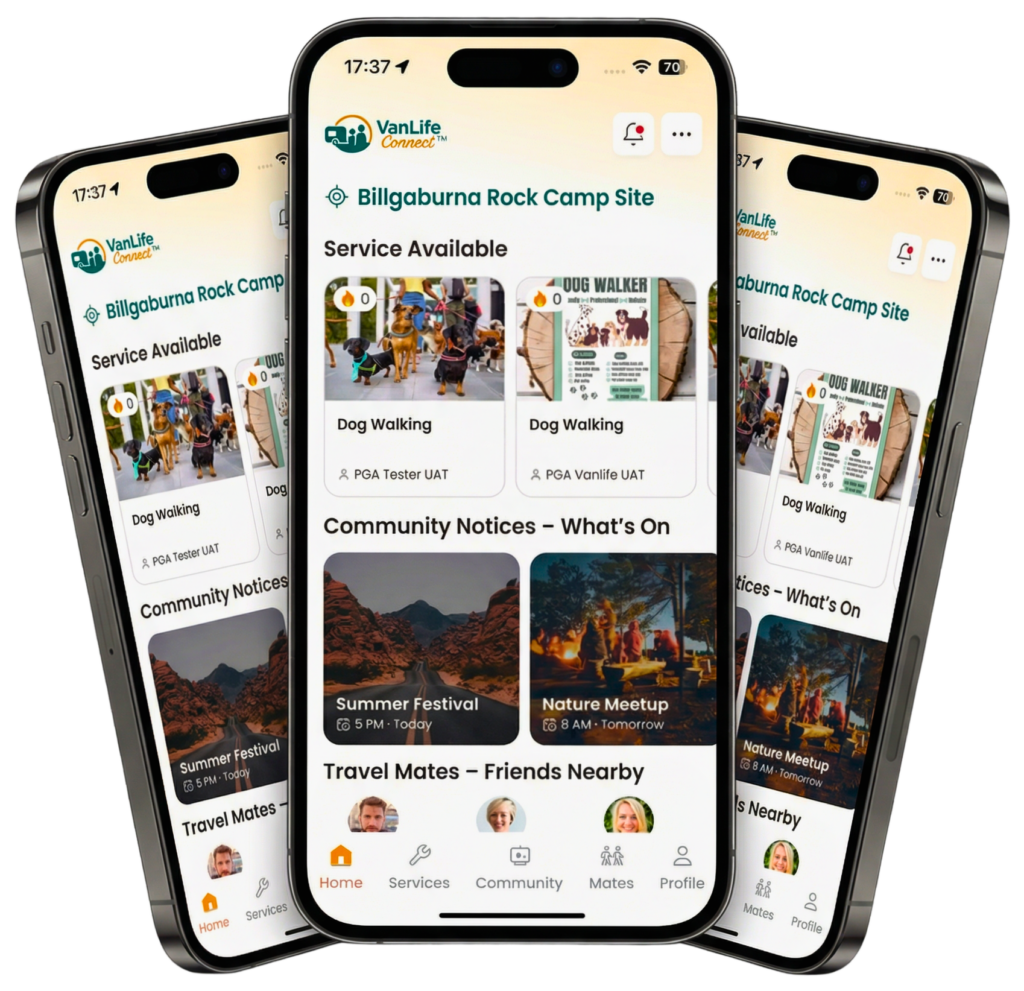 VanLife Connect app screens showing services, community posts and travel mates.