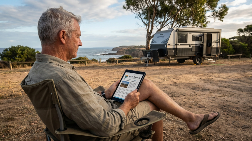 Traveller reading a Vanlife Connect newsletter on a tablet at a campsite beside a caravan