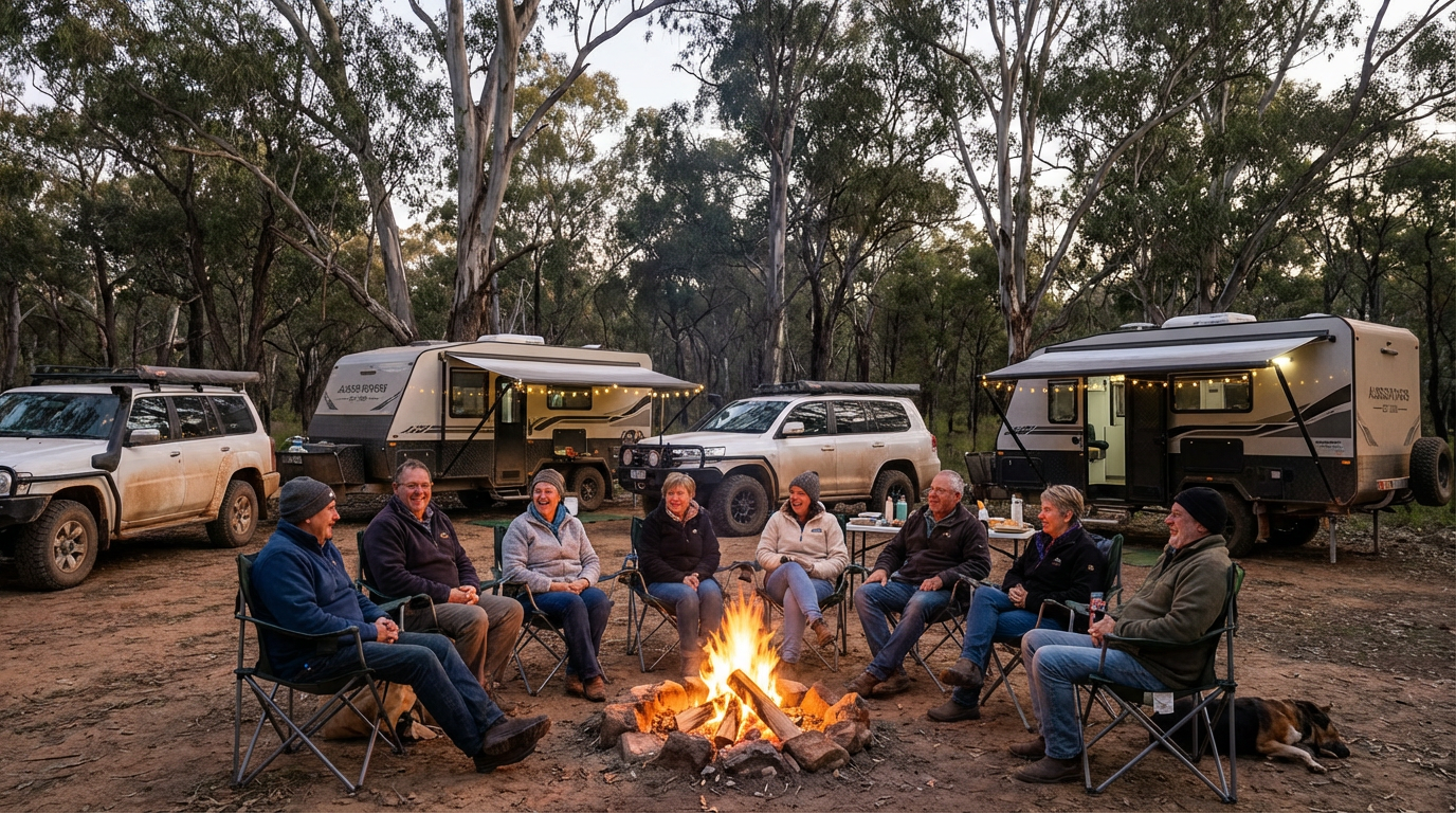 Alt text: Group of Australian travellers socialising at a campfire after connecting through Travel Mates
