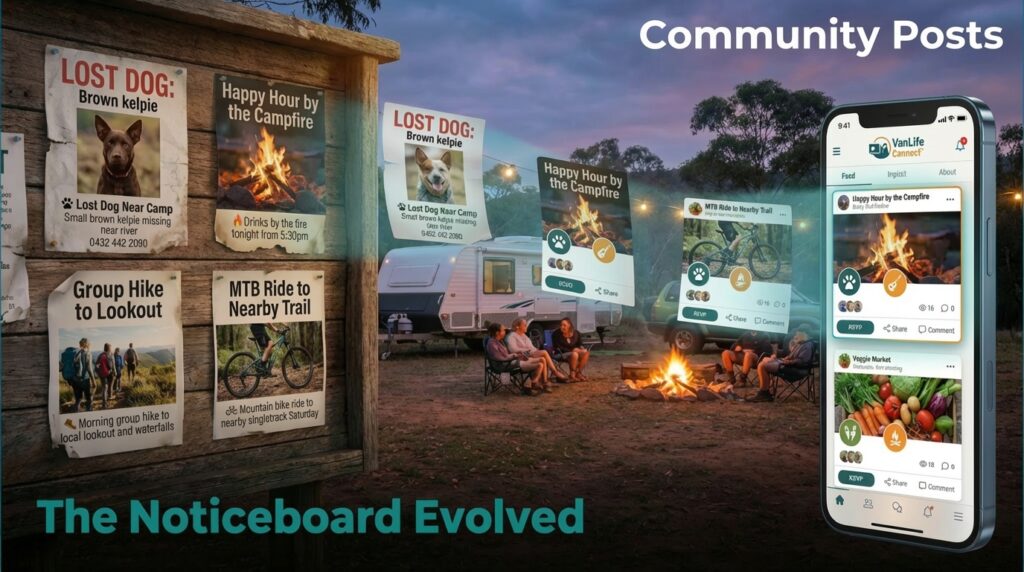 Community noticeboard showing local campsite posts, events and assistance organised by location