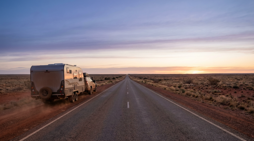 Caravan travelling on an open Australian outback road at sunset