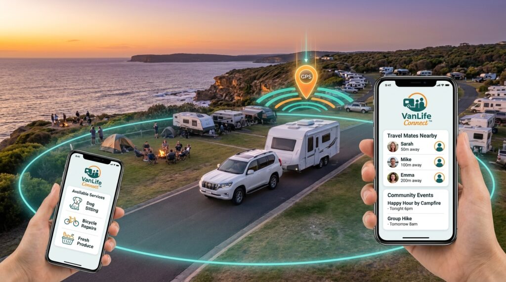 Traveller viewing nearby services, community posts and travel mates after arriving at a location