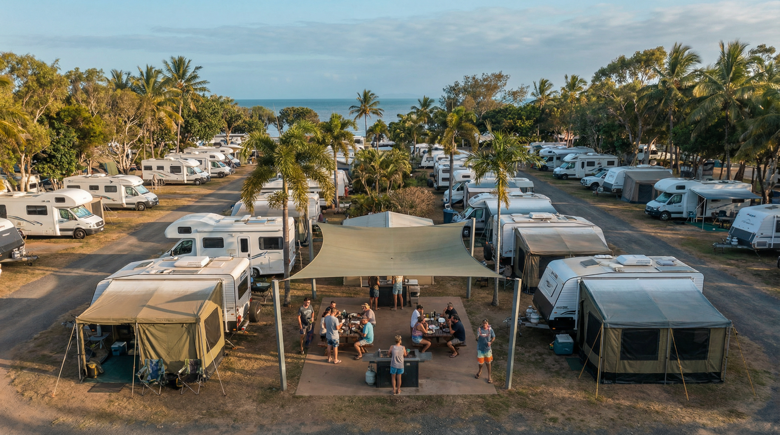 Caravan and van travellers gathered at an Australian caravan park