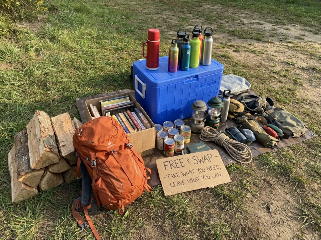 Camping gear and supplies shared freely between travellers at a campground