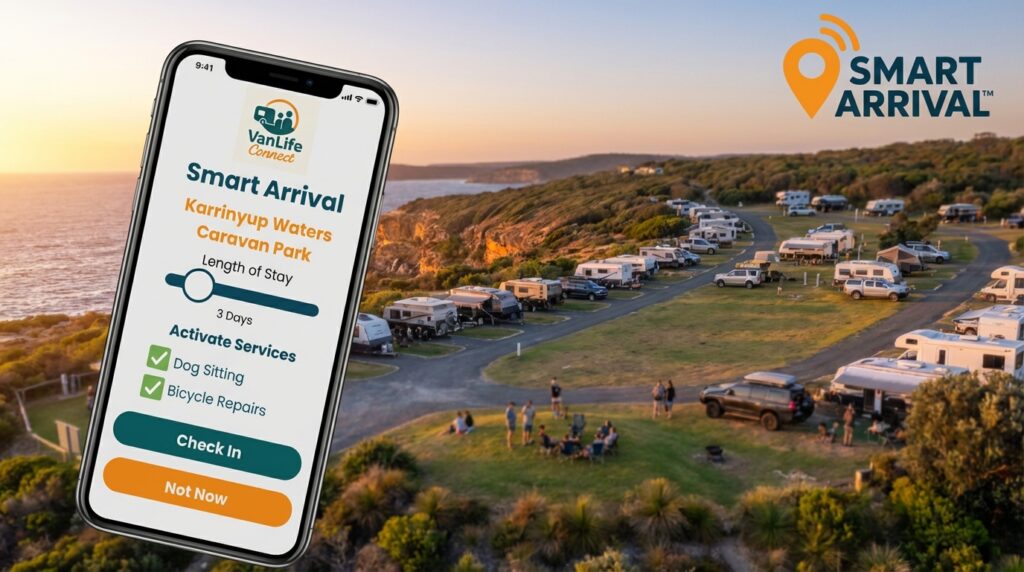 Smart Arrival automatically detecting arrival at a caravan park and showing nearby services and community