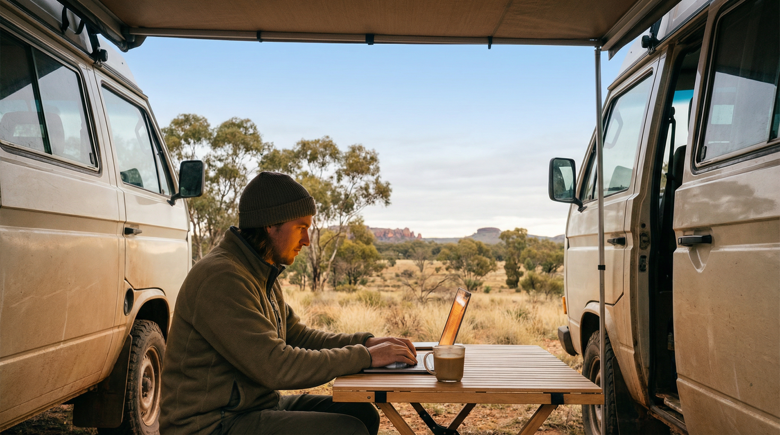 Traveller working on a laptop beside a campervan