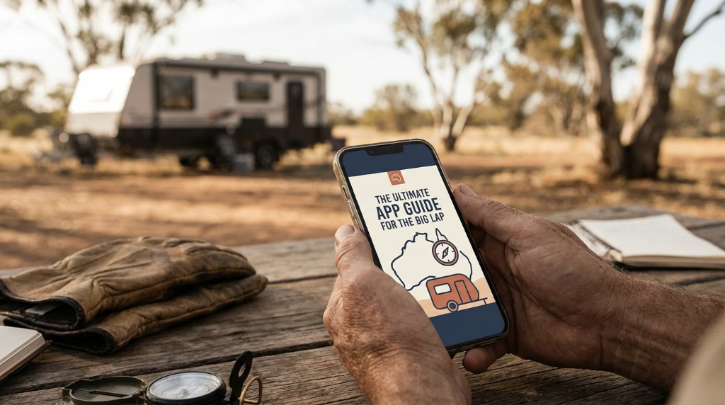 Traveller using a mobile phone with travel apps beside a caravan campsite
