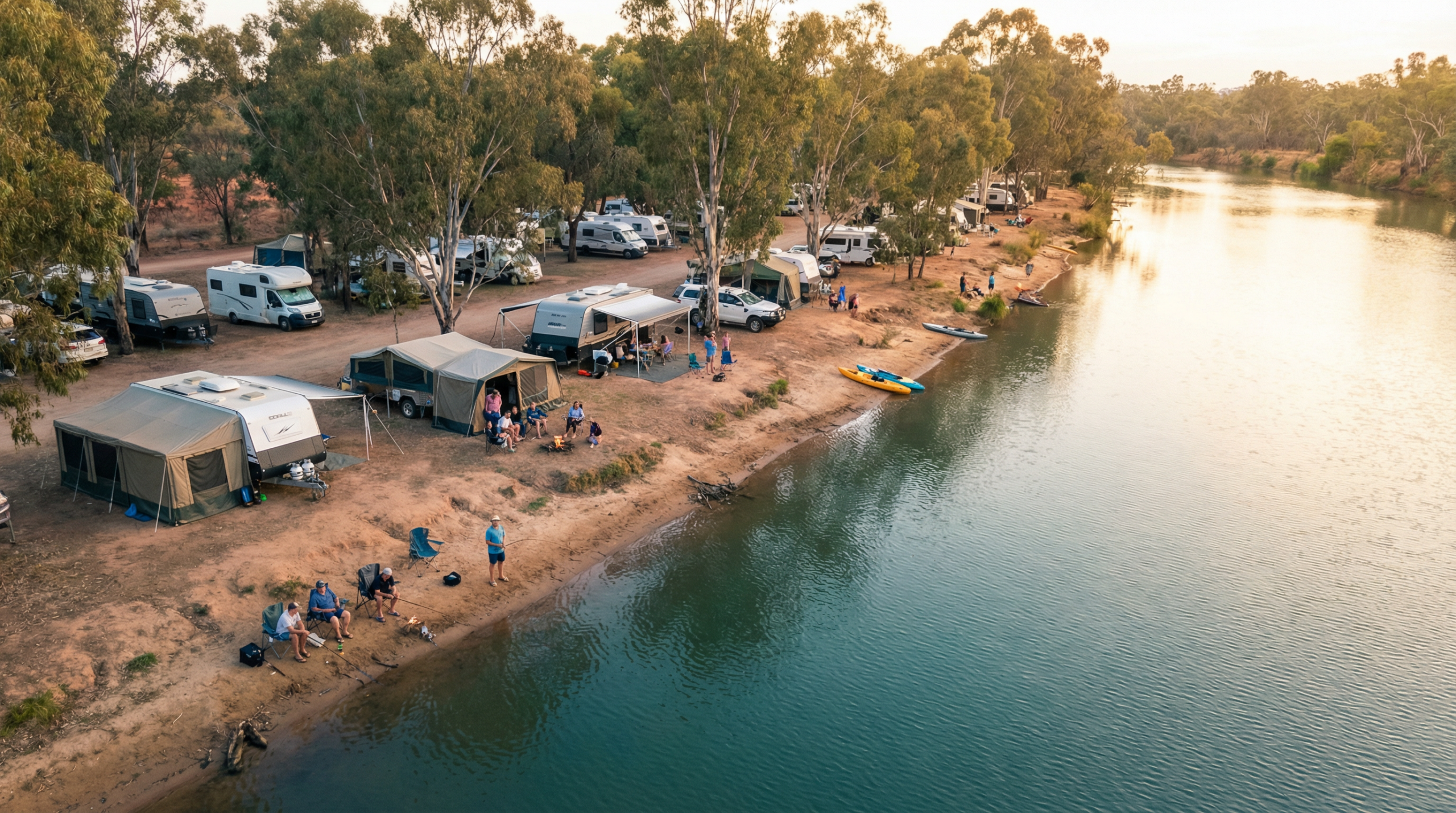 Caravan travellers relaxing by a river campsite in Australia