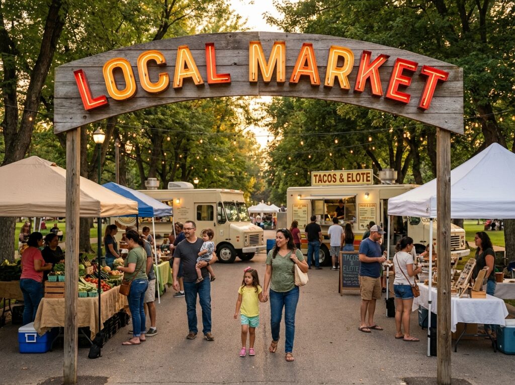 Local market and park events shared with travellers through a community noticeboard