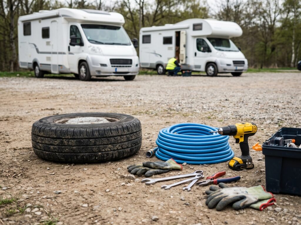 Travellers helping with a vehicle repair at a campground using local community assistance