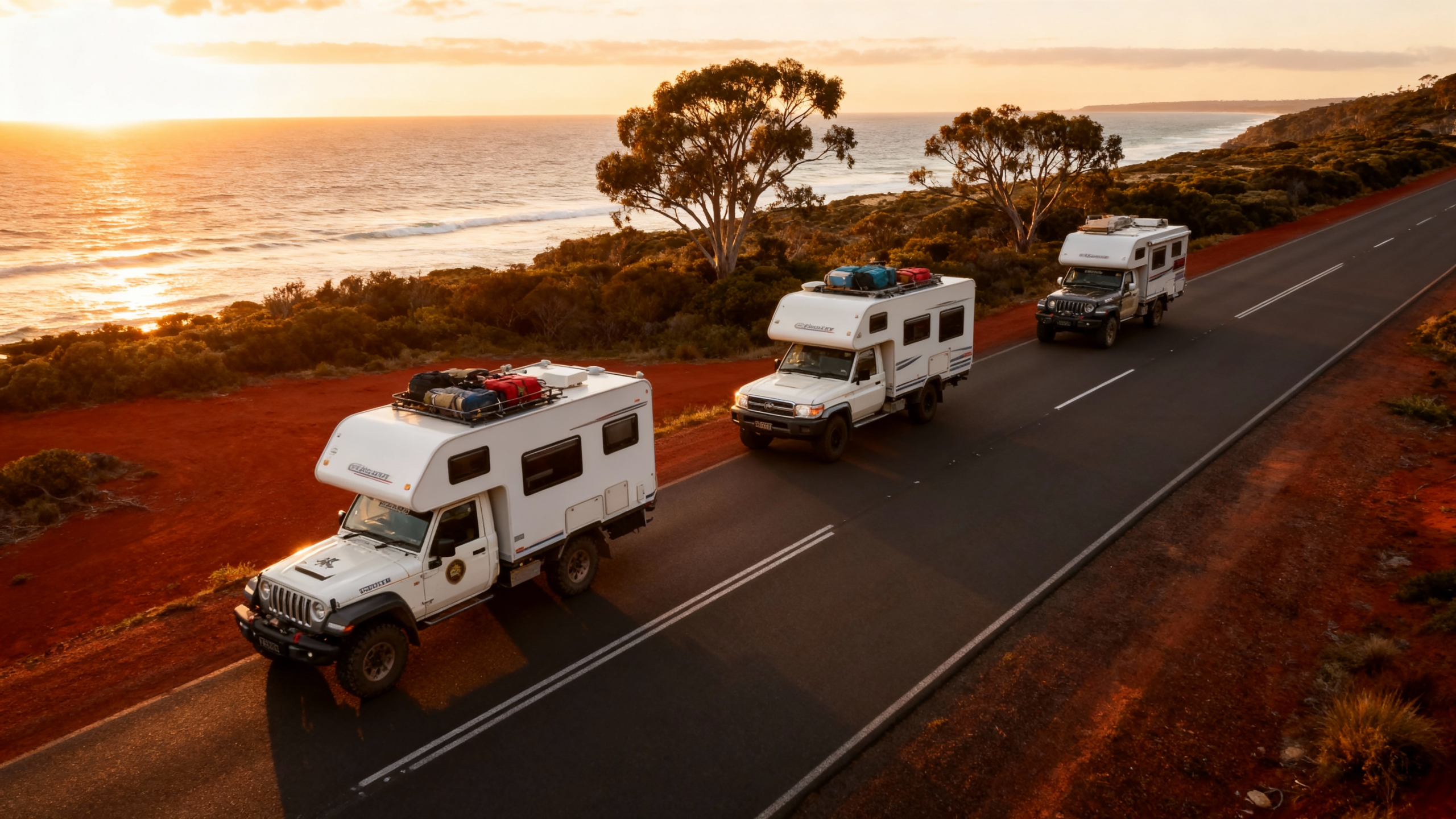Convoy of caravans travelling together along the coast