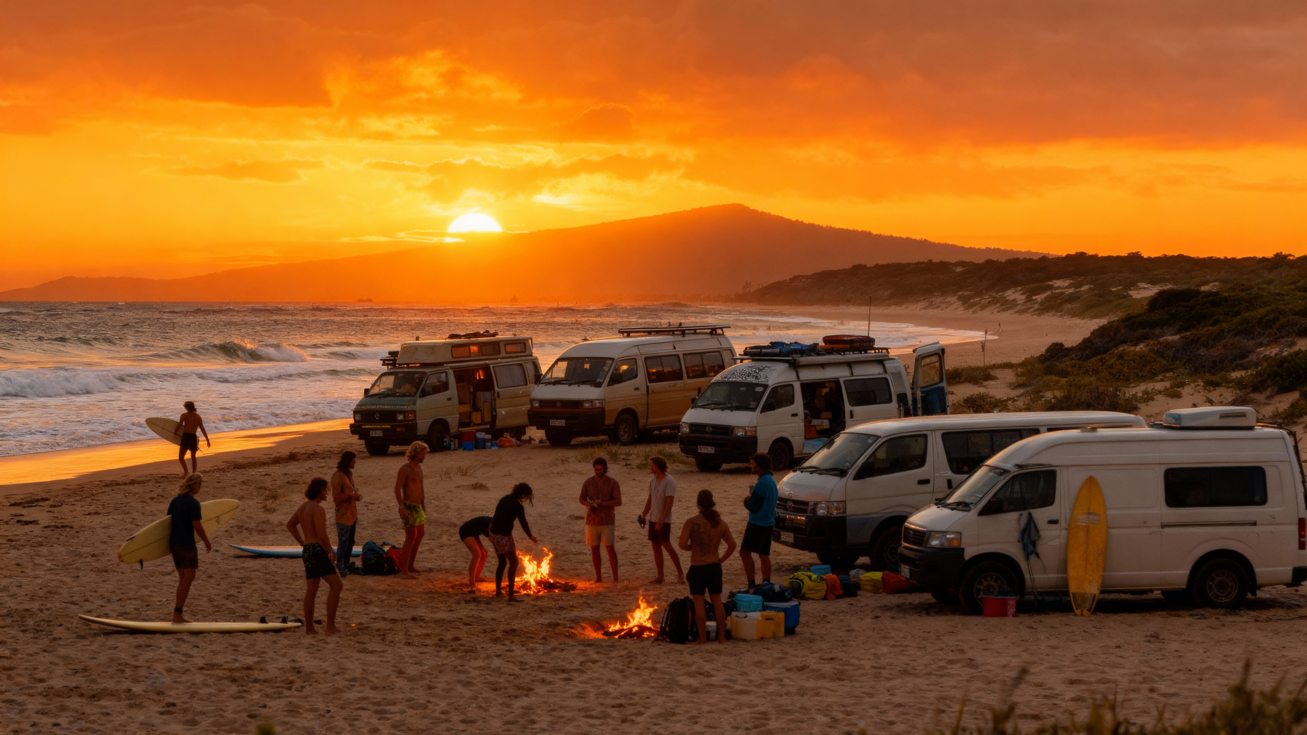 Travellers camping together at sunset using travel mates