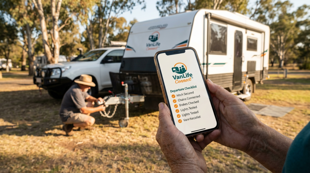 alt="Traveller checking a departure list beside a caravan before leaving camp"

