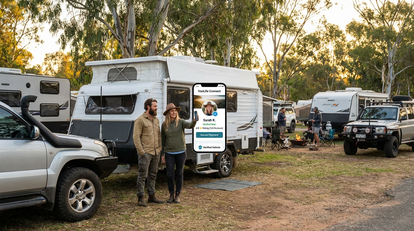 Alt text: Verified traveller profiles and secure payments inside the VanLife Connect app

