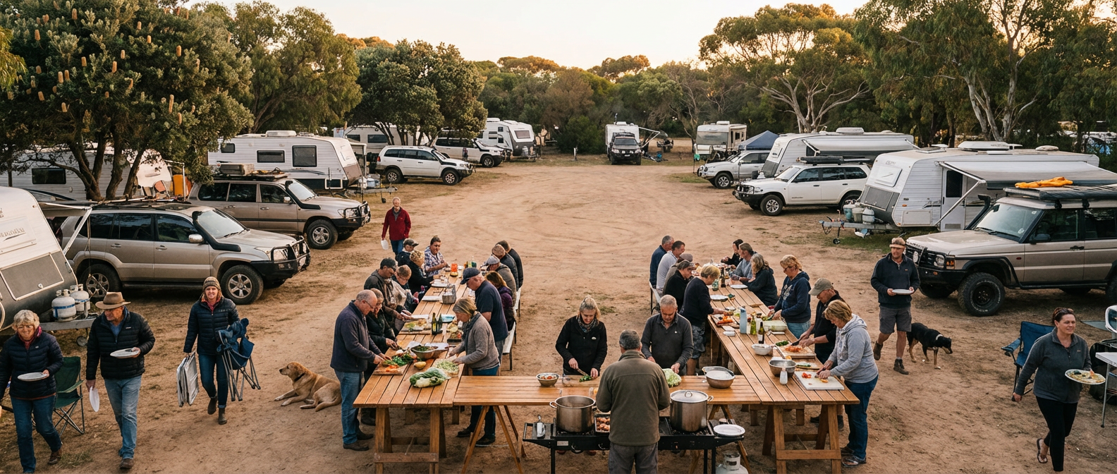 Travellers gathering at a campsite event organised through a community noticeboard