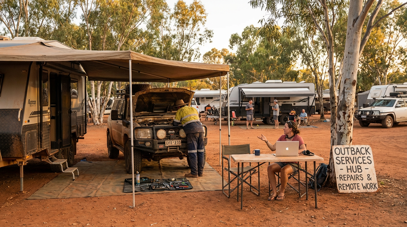 Alt text: Caravan travellers offering mechanical and remote work services at a campsite using the VanLife Connect app
