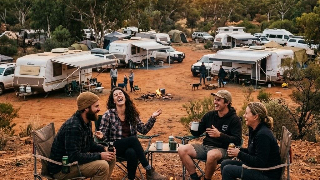 Travellers laughing around a campfire at an outback campsite