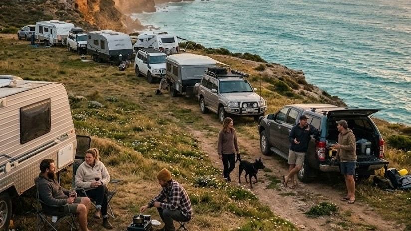 Travellers gathered at a clifftop campsite at sunset