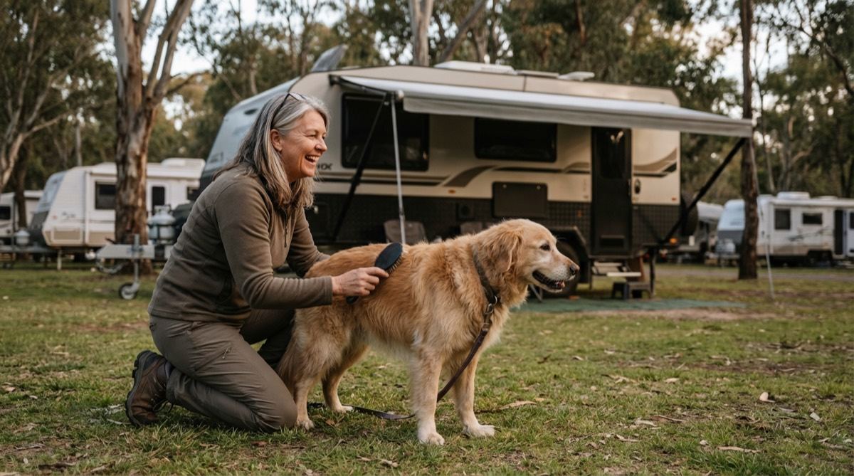 A traveller and her dog at the caravan