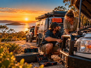 Traveller helping another traveller with a roadside mechanical problem