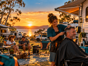 Traveller earning money on the road by providing a service at a caravan park